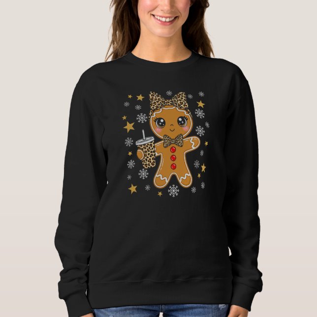 Sweatshirt Cute Kawaii Gingerbread Girl Leopard Bow Christmas (Devant)