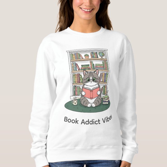Sweatshirt Cute Kitten Glasses Bookshelf Literature Lover (Devant)
