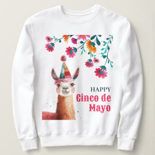 Sweatshirt Cute Lama avec Fleurs Fuchsia Joyeux Cinco de Mayo