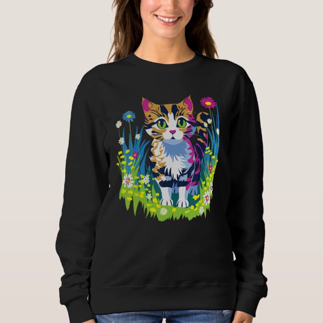 Sweatshirt Cute Little Cat Animal and Flowers (Devant)