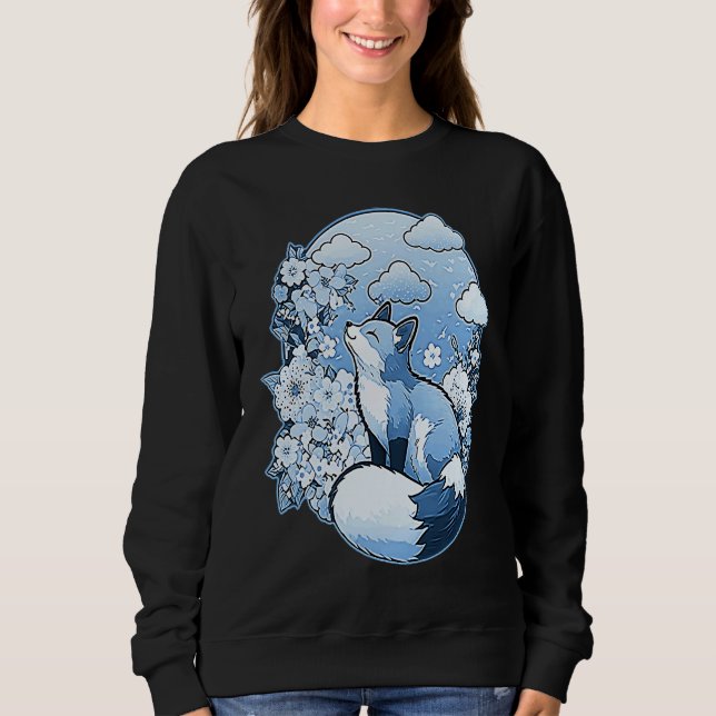 Sweatshirt Cute little fox flowers clouds spring retro (Devant)