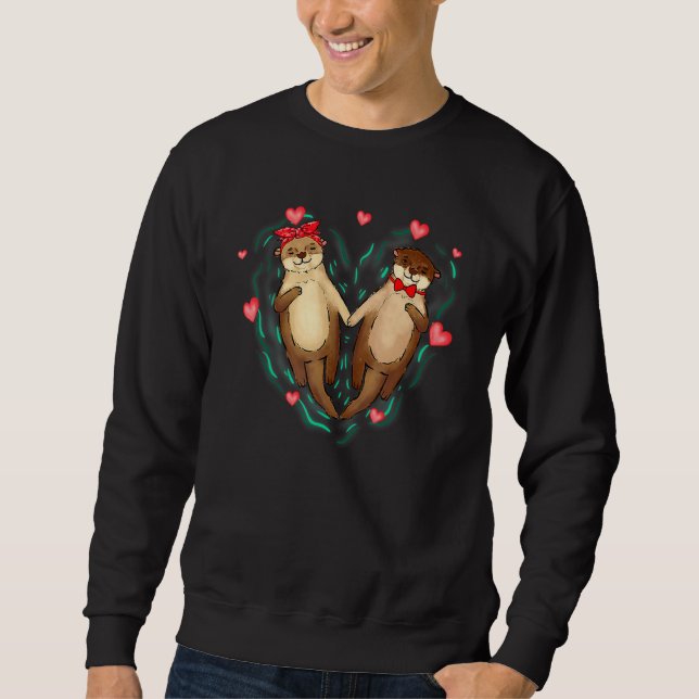 Sweatshirt Cute Otters Couples Love Hearts Retro Style Valent (Devant)