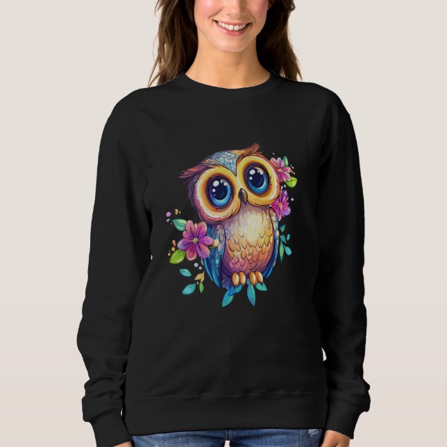 Sweatshirt Cute Pastel Owl with Flowers Big Eyes Boho Nature (Devant)