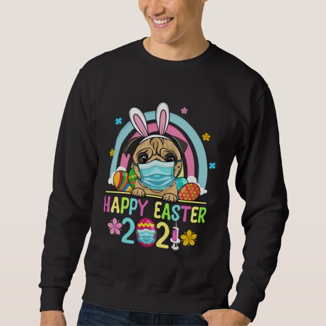 Sweatshirt Cute Pug Mask Bunny Ear Egg Basket Happy Easter Da (Devant)