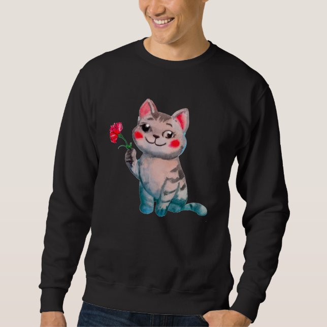 Sweatshirt Cute Watercolor Cat Holding Red Carnation Birth Fl (Devant)