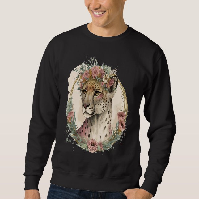 Sweatshirt Cute Watercolor Cheetah Flower Crown Safari Animal (Devant)