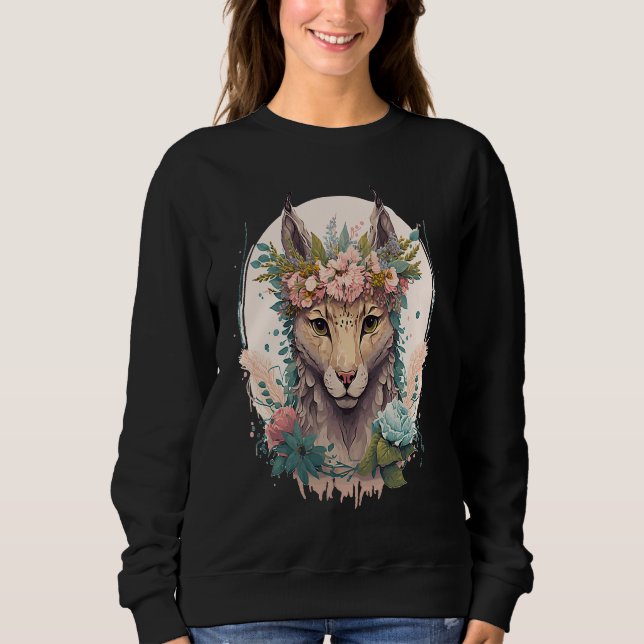 Sweatshirt Cute Watercolor Lynx Flower Crown Floral Feline (Devant)