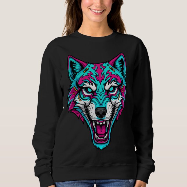 Sweatshirt Cyberpunk Neon Wolf - Synthwave Robotic Animal (Devant)