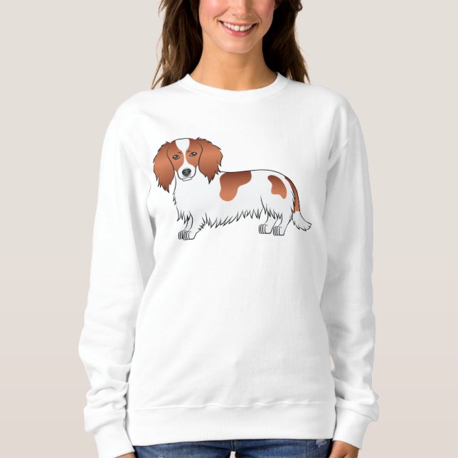 Sweatshirt Dachshund à poil long pie rouge dessin animé migno (Devant)