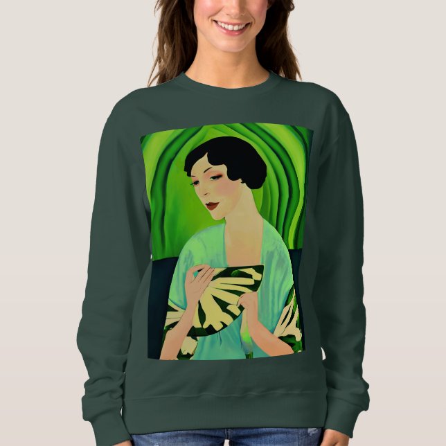 Sweatshirt Dame Art Déco avec un éventail en vert jade (Devant)