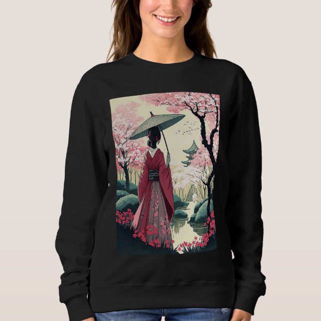 Sweatshirt Dame japonaise avec parapluie Pagoda cerise en fle (Devant)