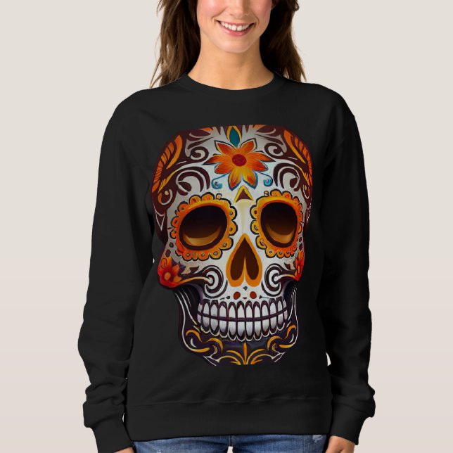 Sweatshirt Day Of Dead Sugar Skull Floral Skeleton Head Bone  (Devant)