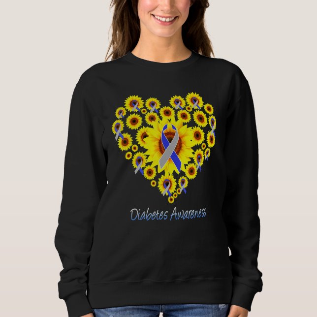 Sweatshirt Diabète de tournesol Coeur gris Bleu Ruban Diabéti (Devant)