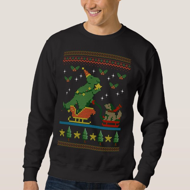 SWEATSHIRT DINOSAUR CHIEN SLEIGING RIDING UGLY CHRISTMAS TREX (Devant)