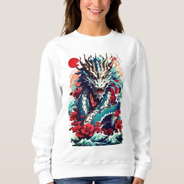 Sweatshirt Dragon Imaginaire Et Roses Rouges (Devant)