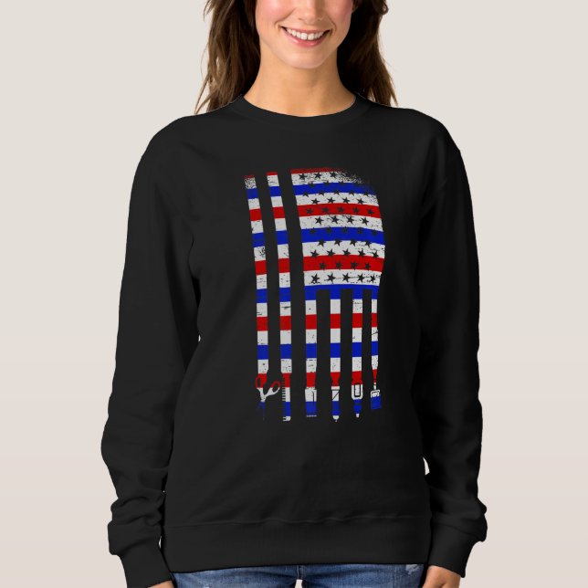 Sweatshirt Drapeau Américain Ciseaux de Barbier Salon de Coif (Devant)