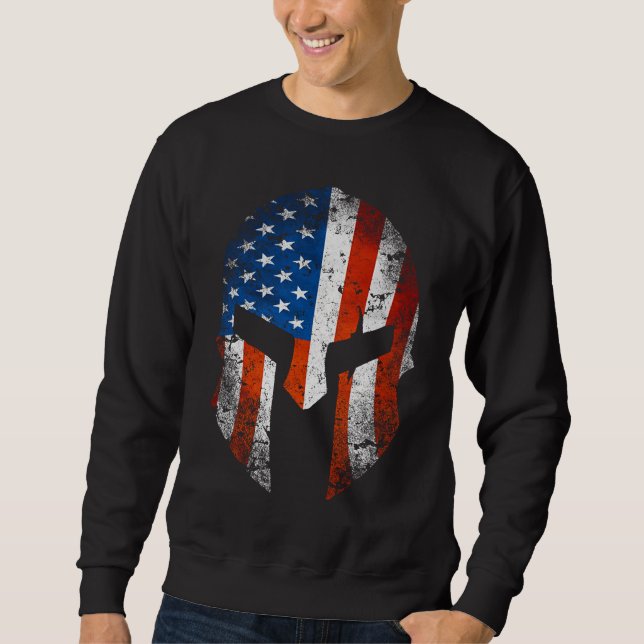 Sweatshirt Drapeau Américain Sur Un Casque Spartiate Distorti (Devant)