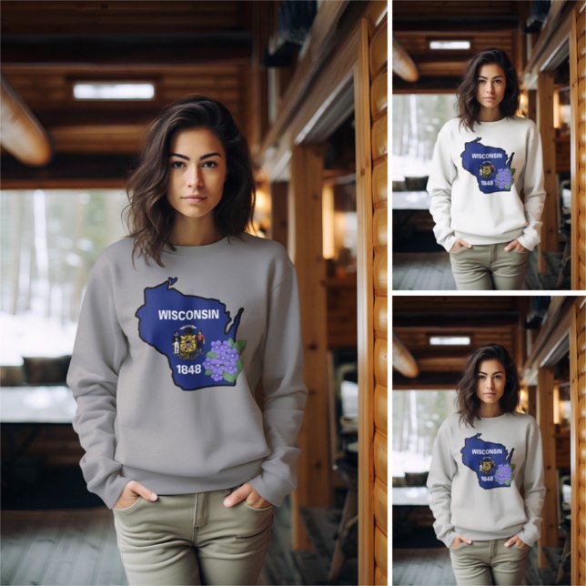 Sweatshirt Drapeau d'état du Wisconsin et fleur bleu commun V (Créateur téléchargé)