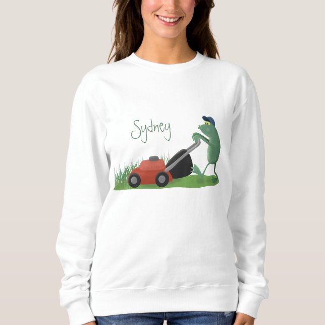 Sweatshirt Drôle grenouille verte tondre la pelouse dessin (Devant)