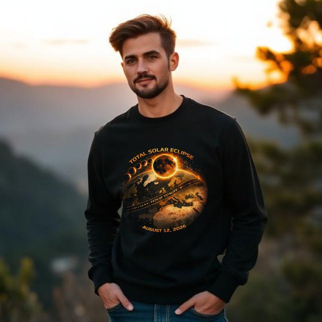 Sweatshirt Éclipse Solaire Totale 2026 - Trajectoire de Total (Total Solar Eclipse 2026- Path of Totality Sweatshirt)