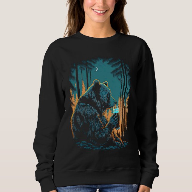 Sweatshirt Esoteric Bear drinking Beer Night Forest (Devant)