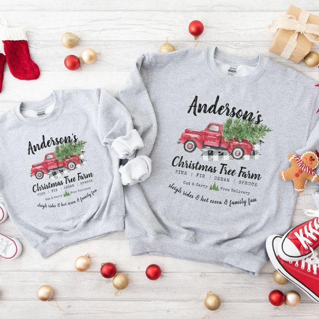 Sweatshirt Famille correspondante Vintage Noël Arbre Camion d (Custom family name Vintage red & green Christmas tree vintage truck, matching holiday sweatshirts)