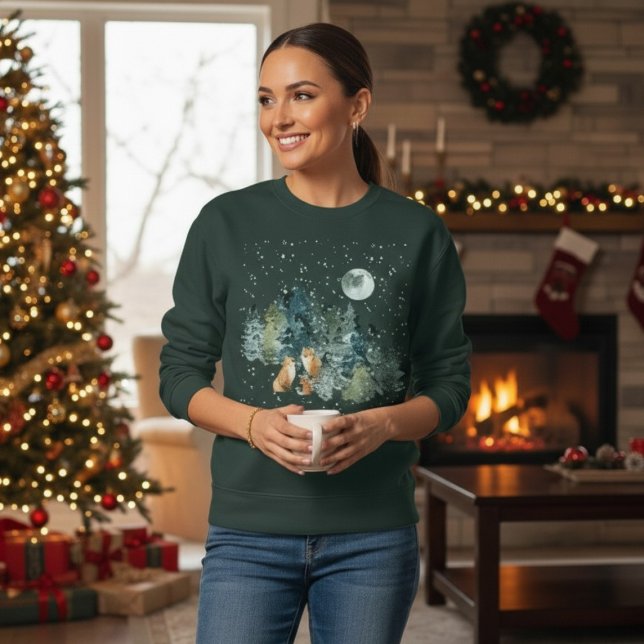 Sweatshirt Famille Fox en forêt Pleine lune neige (Fox Family in Forest Full Moon Snowfall Sweatshirt)