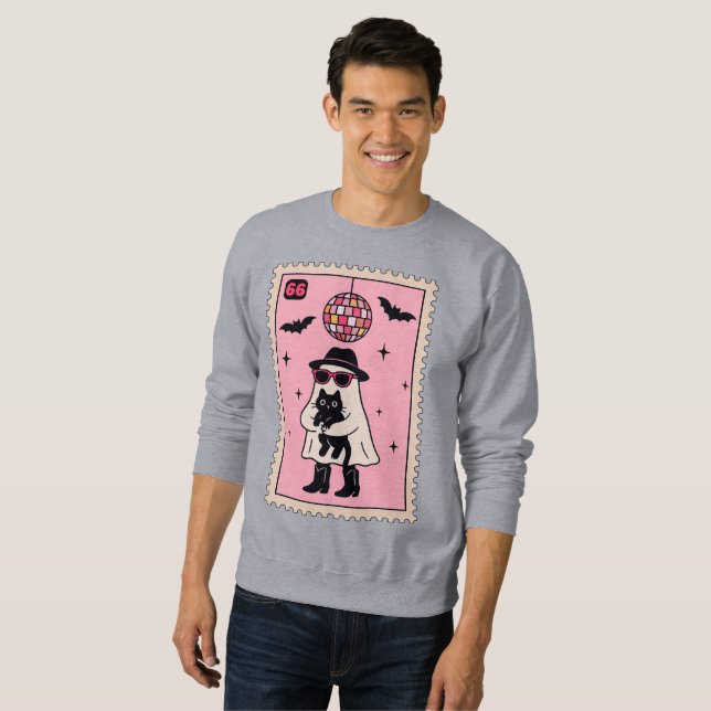 Sweatshirt Fantôme Disco Rétro avec Stand Halloween Chat Noir (Devant entier)