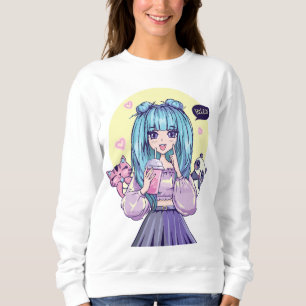 Sweatshirt Fashionista : Bleu-Haired Girl avec Panda et Chat