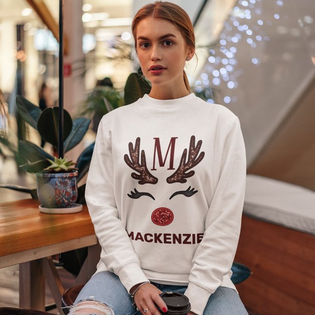 Sweatshirt Faux Broderie Femme Reindeer Xmas Nom du monogramm (Créateur téléchargé)