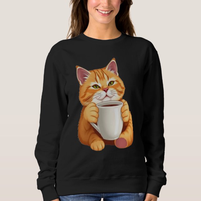 Sweatshirt Femme Chat Roux Mignon Café Graphique  (Devant)
