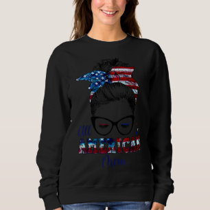 Sweatshirt Femmes 4 juillet American Mom Messy Bun Patriotiqu