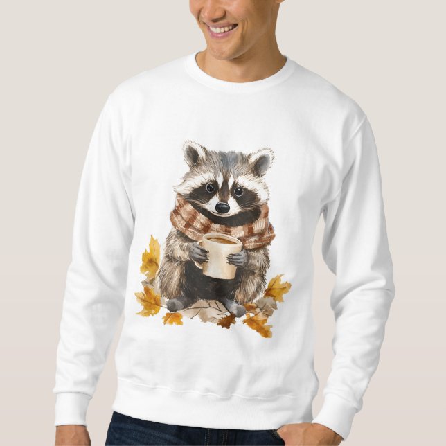 Sweatshirt Feuilles d'automne confortable raccoon avec tasse  (Devant)