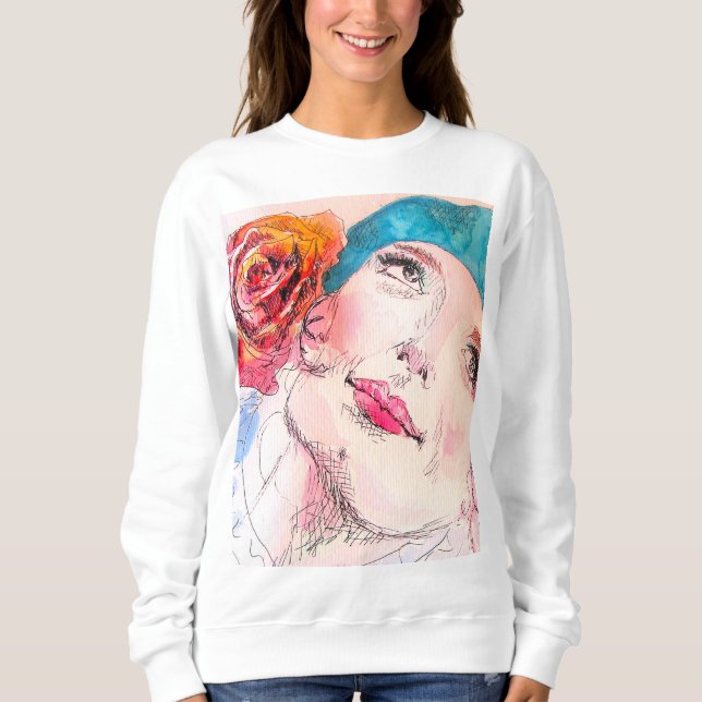 Sweatshirt Fille avec Rose Rouge Beret Aquarelle Filles Rose (Devant)