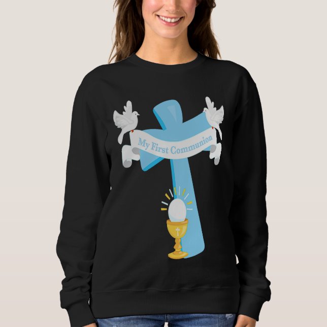Sweatshirt First Communion Cross Blue Grandson Boys Christian (Devant)