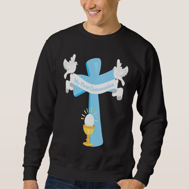 Sweatshirt First Communion Cross Blue Grandson Boys Christian (Devant)