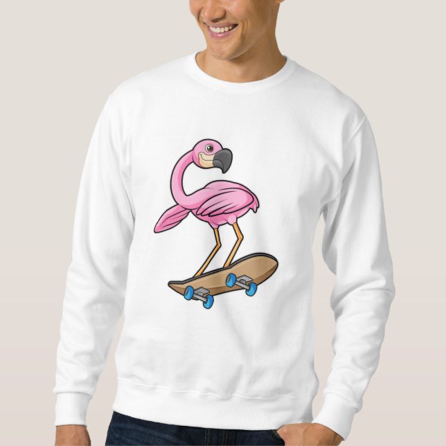 Sweatshirt Flamant rose comme Patineur avec Skateboard (Devant)