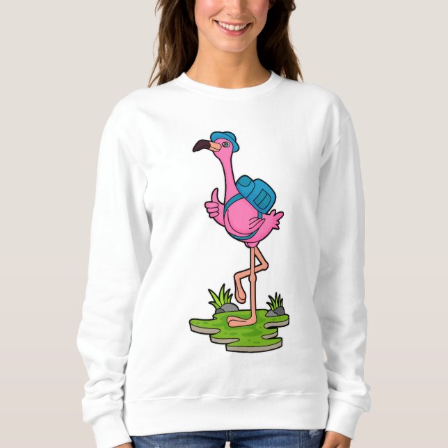 Sweatshirt Flamant rose comme randonneur avec sac à dos (Devant)