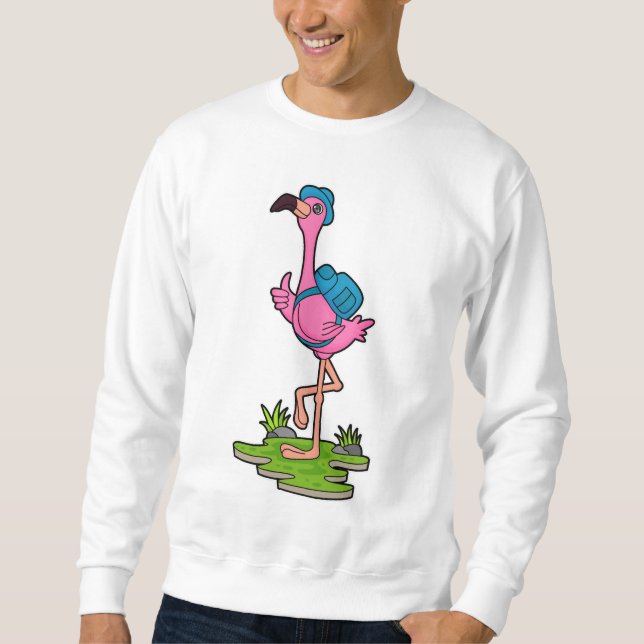 Sweatshirt Flamant rose comme randonneur avec sac à dos (Devant)