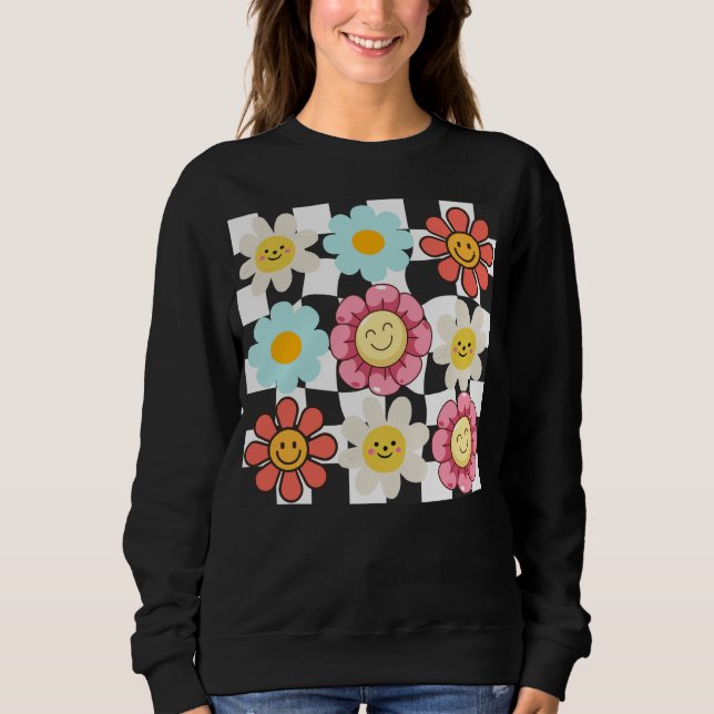 Sweatshirt Fleur de marguerite à carreaux rétro (Devant)