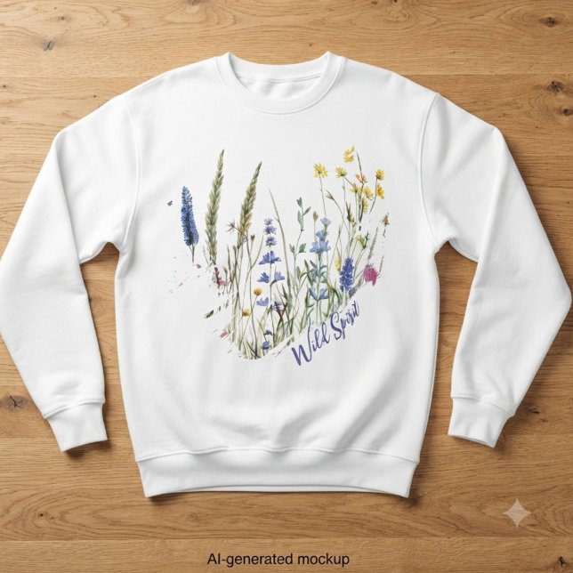 Sweatshirt Fleur Sauvage – Cadeau Esthétique pour Elle (Watercolor wild grasses and wildflowers with purple "Wild Spirit" text, an earthy and bohemian gift )
