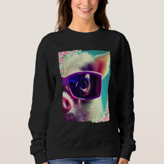 Sweatshirt Fleurs aquarelles et cochon portant des lunettes d