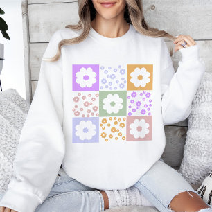 Sweatshirt Fleurs rétro À damiers Motif
