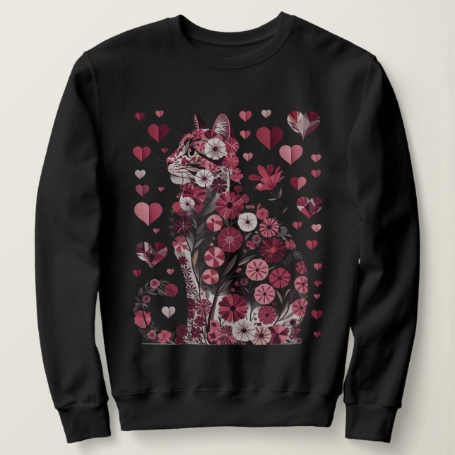 Sweatshirt Floral Cat of Love – Romantic Pink Botanical Kitty (Design devant)