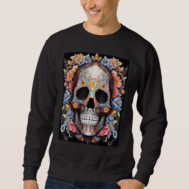 Sweatshirt Floral Enigma Vibrant Skull and Blooming Flowers D (Devant)