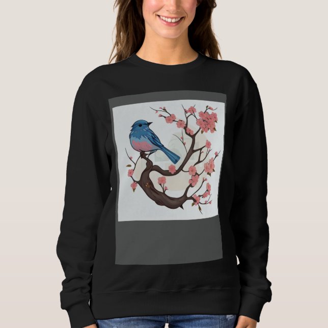 Sweatshirt Floral Fauna Eastern Blue Bird Pink Cherry Blossom (Devant)