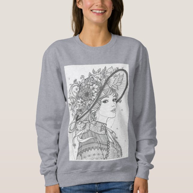 Sweatshirt Floral Hat Lady Ink Illustration (Devant)