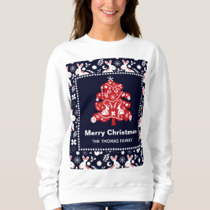 Sweatshirt Folk Navy Red Christmas Tree Bunny Floral