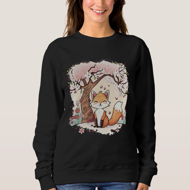 Sweatshirt Fox Vaporwave Under Cherry Blossom Japanese Aesthe (Devant)