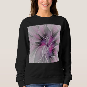 Sweatshirt Fractal Floral Moderne Abstrait Fleur Rose Gris